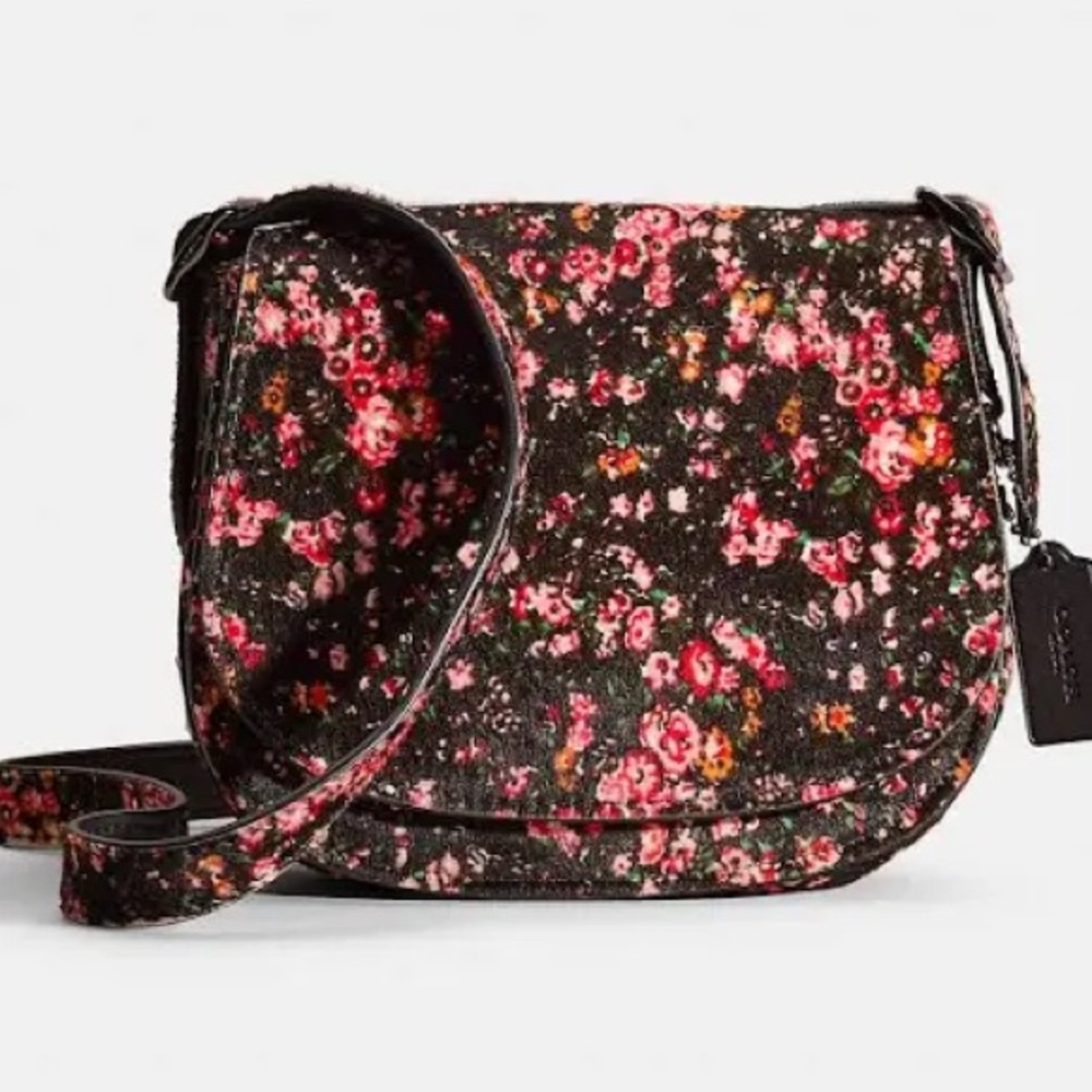 COACH Saddle 23 Cowhide $895 Floral Gunmetal Black Pink Leather CALF HAIR Auth - Picture 2 of 6